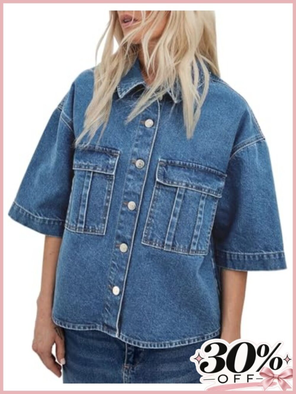 Oversized Short Sleeve Denim Jacket Cropped Button Down Jean Top